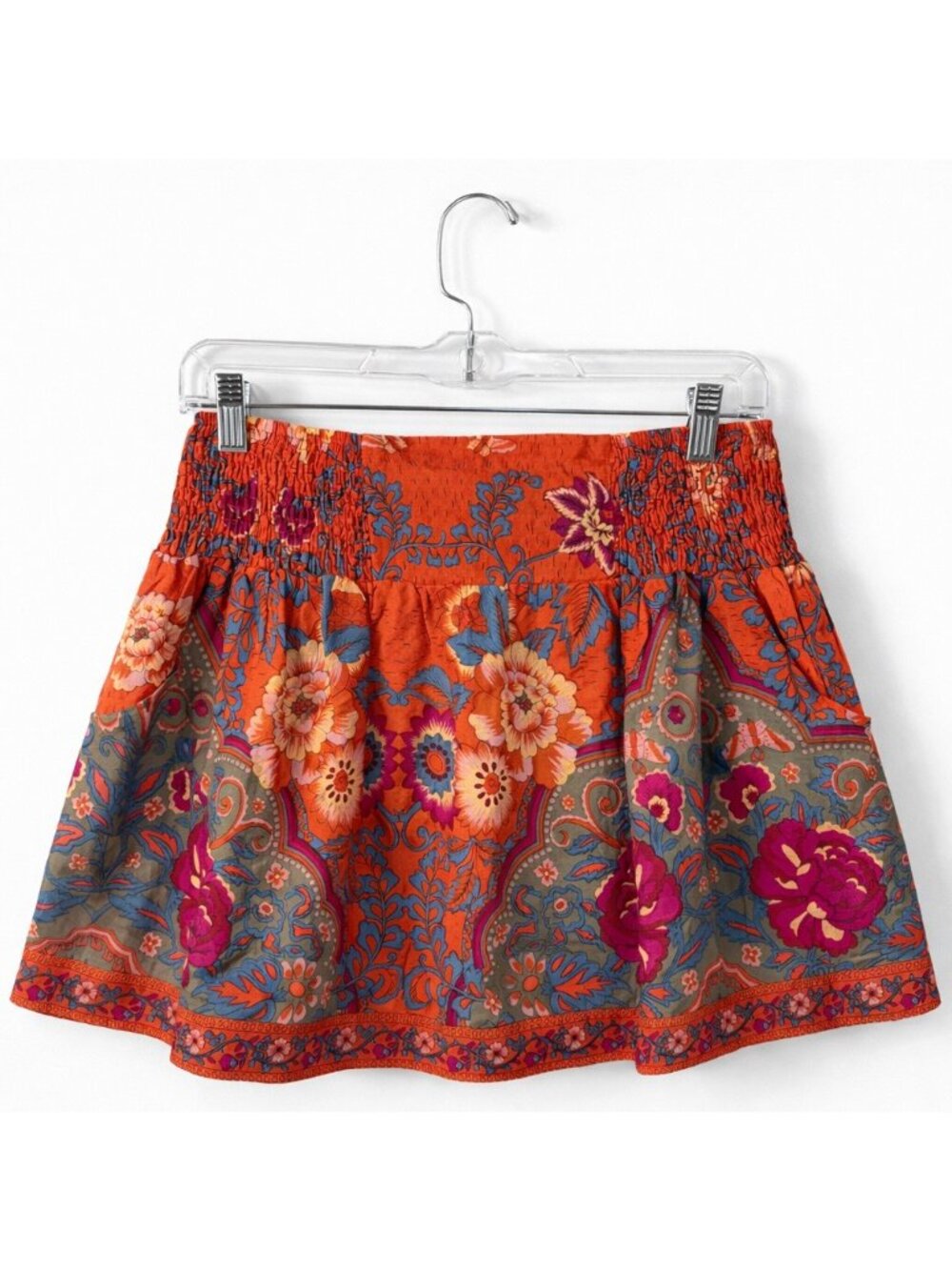 NWT Francesca's Rosebud Mini Skirt Boho Orange Smocked Waist Festival Size L - Picture 3 of 15